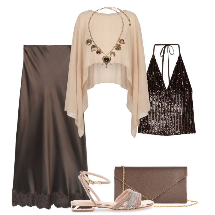 Outfit donna - Eleganza vista mare. Stile Chic per Serata fuori. Abbinamento con top, gonne lunghe, clutch, blazer, collane, sandali.