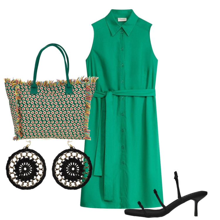Outfit donna - Prato. Stile Bon Ton per Ufficio. Abbinamento con vestiti chemisier, sandali col tacco, orecchini, shopping bag.