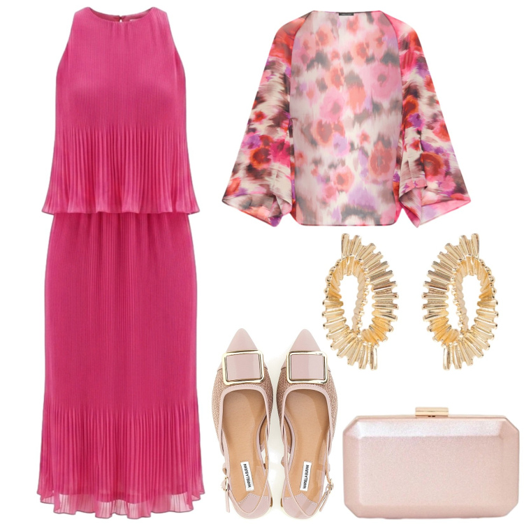 Outfit donna - L\'abito lungo plissettato. Stile Chic per Serata fuori. Abbinamento con orecchini, vestiti midi/longuette, clutch, blazer, sandali.