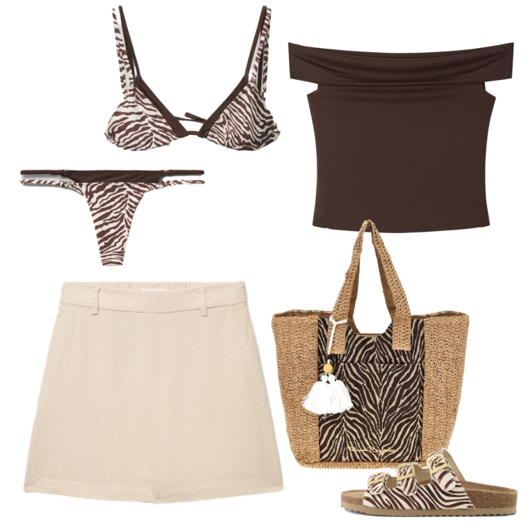 Outfit donna - Bermuda beige, top marrone. Stile Casual chic per Tutti i giorni. Abbinamento con top, bikini, shorts, bikini, sandali in pelle, borse a spalla.