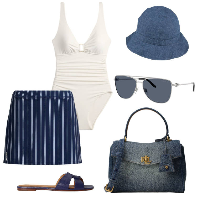 Outfit donna - La minigonna a strisce ed i sandali blu. Stile Trendy per Mare. Abbinamento con cappelli, sandali in pelle, occhiali da sole, minigonne, borse a mano, costumi interi.