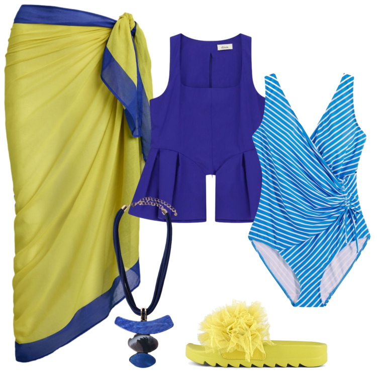 Outfit donna - La gonna-pareo fluo. Stile Trendy per Mare. Abbinamento con costumi interi, top, ciondoli, vestiti da spiaggia, ciabatte.