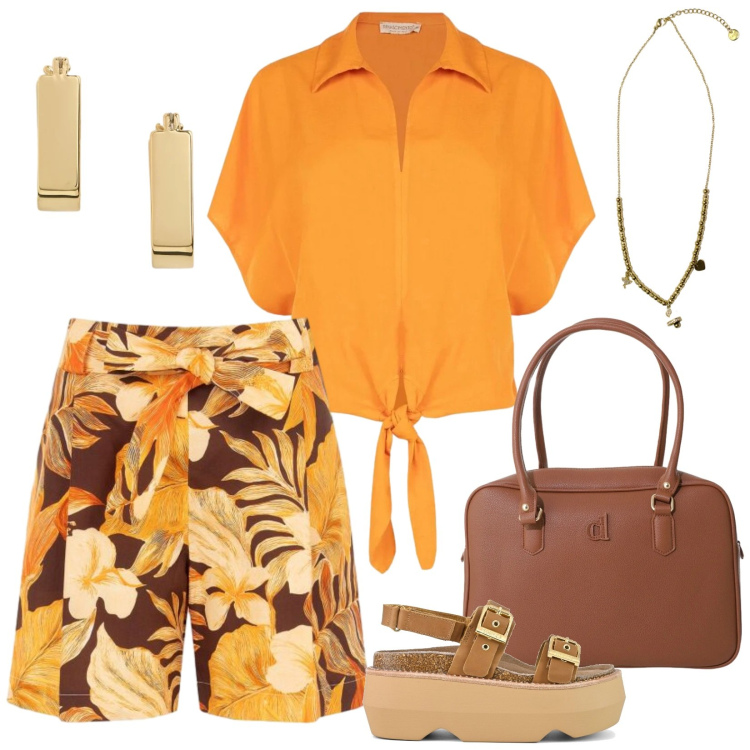 Outfit donna - I bermuda floreali. Stile Casual chic per Tutti i giorni. Abbinamento con borse a mano, pantaloni corti, camicie a manica corta, ciondoli, orecchini, sandali col tacco.