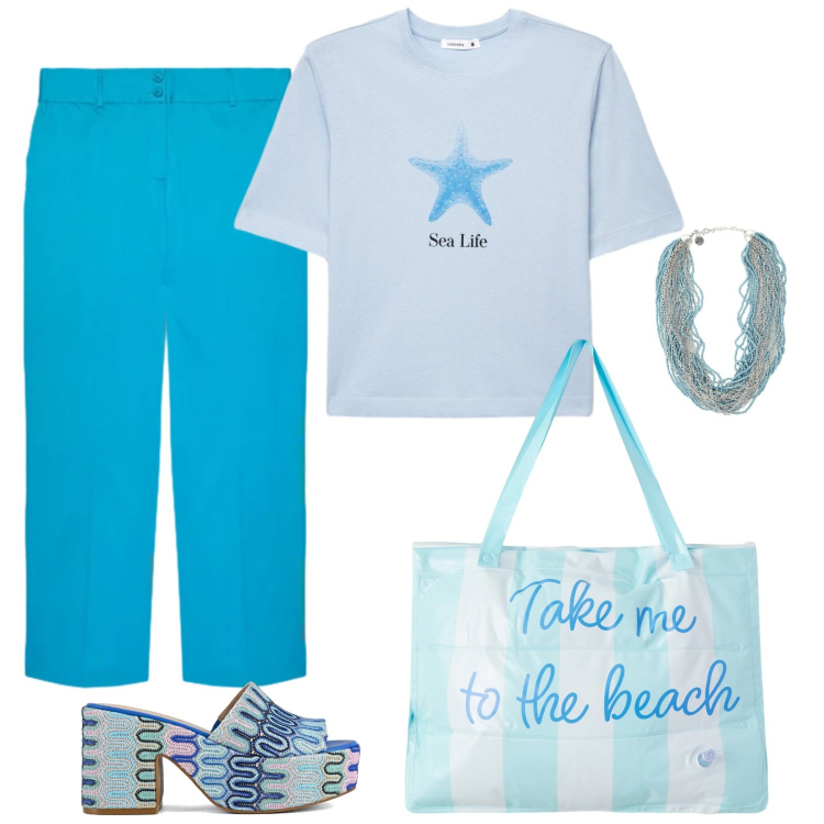 Outfit donna - Turchese per l\'estate. Stile Casual per Tutti i giorni. Abbinamento con borse tote, t-shirt, collane, pantaloni, sabot.