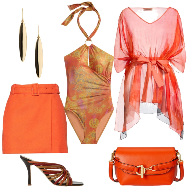 Outfit donna - Curvy, solare e luminosa. Stile Casual chic per Tutti i giorni. Abbinamento con minigonne, top, sandali, borse a tracolla, orecchini, costumi interi.