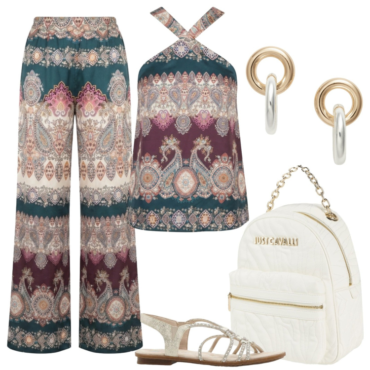Outfit donna - I pantaloni fluidi ed il top abbinato. Stile Boho per Serata fuori. Abbinamento con zaini, sandali, pantaloni a palazzo, top, orecchini.