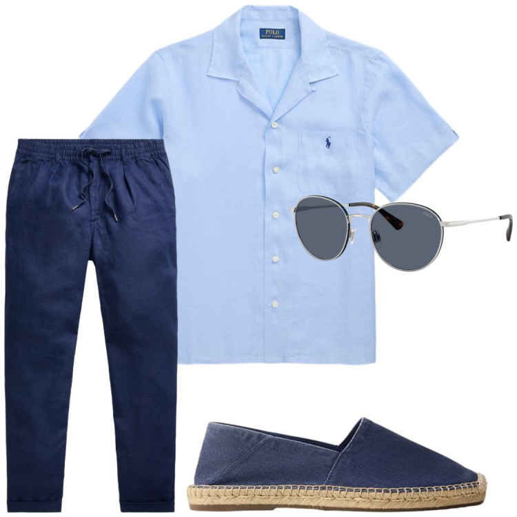 Outfit uomo - Relax in cene estive. Stile Trendy per Serata speciale. Abbinamento con occhiali da sole, espadrillas, pantaloni, camicie.