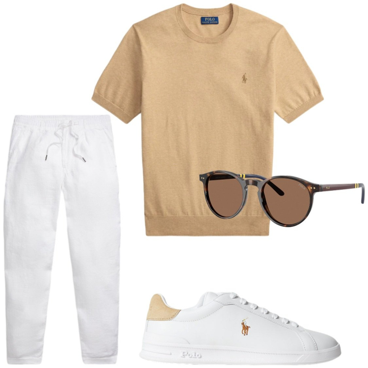 Outfit uomo - La t-shirt blusata. Stile Trendy per Serata speciale. Abbinamento con sneakers, occhiali da sole, t-shirt, pantaloni.