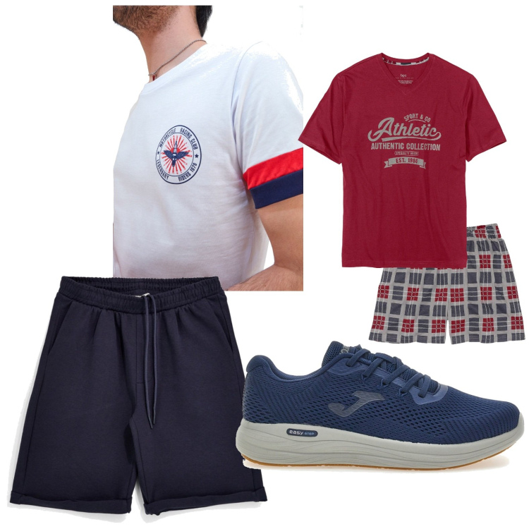 Outfit uomo - Guardaroba relax. Stile Trendy per Tutti i giorni. Abbinamento con abbigliamento da notte, sneakers, bermuda, t-shirt.