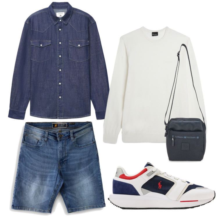 Outfit uomo - Stile casual. Stile Casual per Tutti i giorni. Abbinamento con camicie, maglieria, sneakers, bermuda, portafogli.