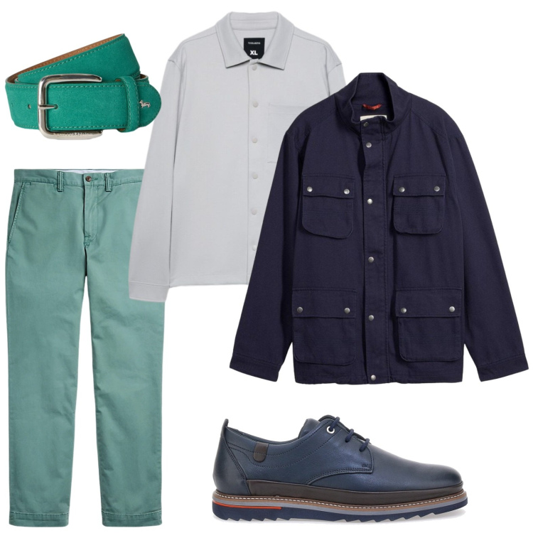 Outfit uomo - Dettagli chic. Stile Casual per Tutti i giorni. Abbinamento con giacche, cinture, camicie, pantaloni, scarpe stringate.