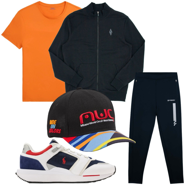 Outfit uomo - Sport vivace. Stile Casual per Sport. Abbinamento con cappelli con visiera, pantaloni, t-shirt, sneakers, felpe.