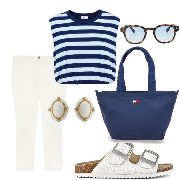 Outfit donna - In giro a fare shopping. Stile Casual per Tutti i giorni. Abbinamento con top, orecchini, occhiali da sole, pantaloni, sandali, borse tote.
