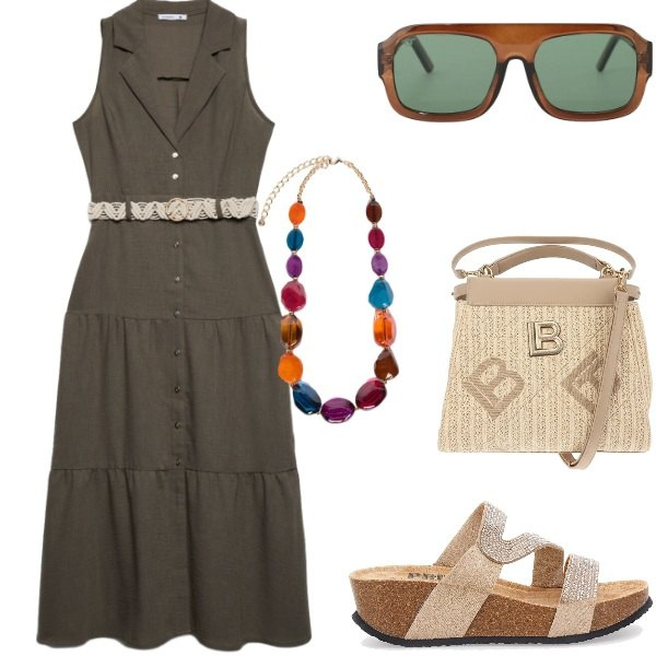 Outfit donna - Estate. Stile Casual per Tutti i giorni. Abbinamento con vestiti chemisier, occhiali da sole, collane, zeppe, borse a tracolla.