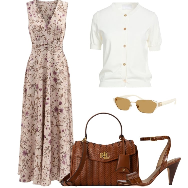 Outfit donna - Cena in terrazza. Stile Casual chic per Serata fuori. Abbinamento con cardigans, vestiti lunghi, occhiali da sole, borse a mano, sandali in pelle.