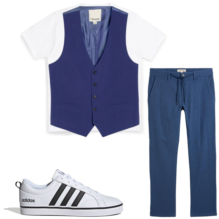 Outfit uomo - Sporty chic. Stile Casual per Serata speciale. Abbinamento con gilet, pantaloni chino, t-shirt, sneakers.