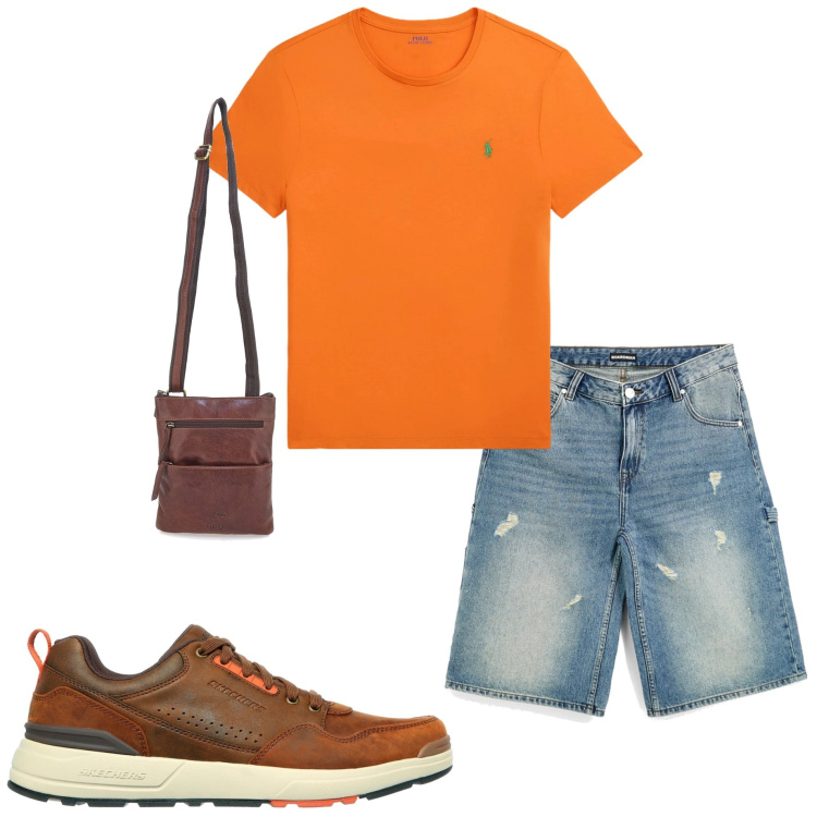 Outfit uomo - Visitando città. Stile Casual per Tutti i giorni. Abbinamento con t-shirt, sneakers, shorts, portafogli.