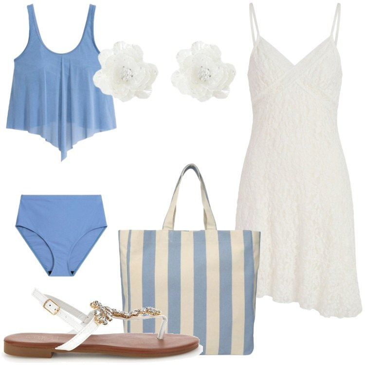 Outfit donna - Ferragosto al mare @laurafo. Stile Romantica per Mare. Abbinamento con costumi interi, shopping bag, vestiti corti, orecchini, sandali gioiello.