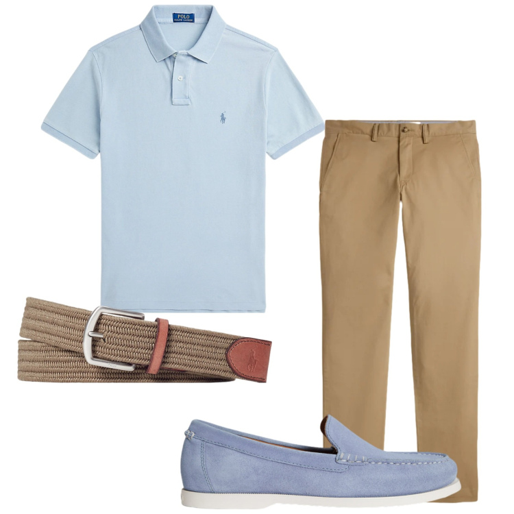 Outfit uomo - Urban estivo. Stile Urban per Ufficio. Abbinamento con cinture, polo, scarpe stringate, pantaloni chino.