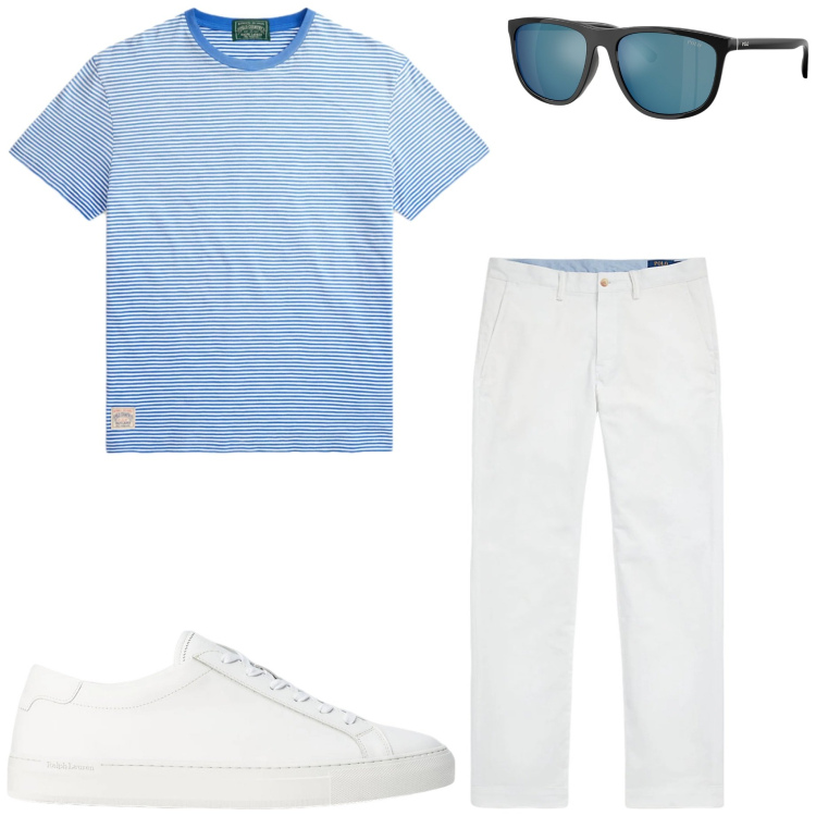 Outfit uomo - Estate in barca. Stile Casual per Mare. Abbinamento con sneakers, pantaloni, occhiali da sole, t-shirt.