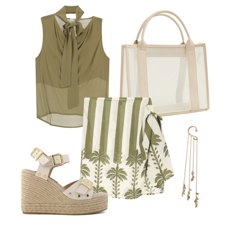Outfit donna - Agosto. Stile Trendy per Tutti i giorni. Abbinamento con borse tote, top, minigonne, orecchini, zeppe.