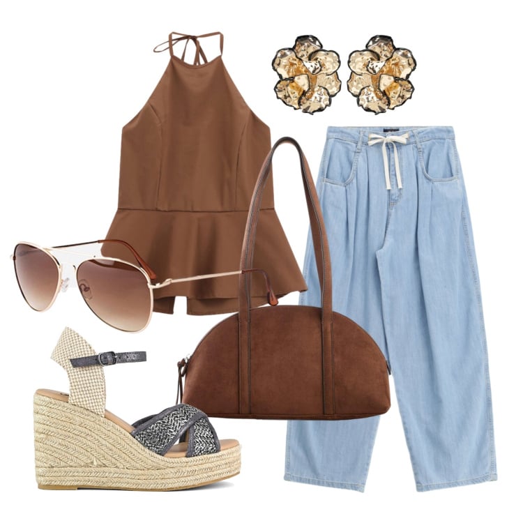 Outfit donna - Agosto. Stile Trendy per Tutti i giorni. Abbinamento con borse a tracolla, occhiali da sole, jeans, top, orecchini, zeppe.