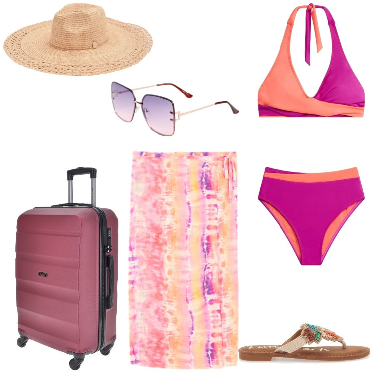 Outfit donna - Gli indispensabili al mare. Stile Glamour per Mare. Abbinamento con occhiali da sole, bikini, cappelli, vestiti da spiaggia, infradito, valigie.