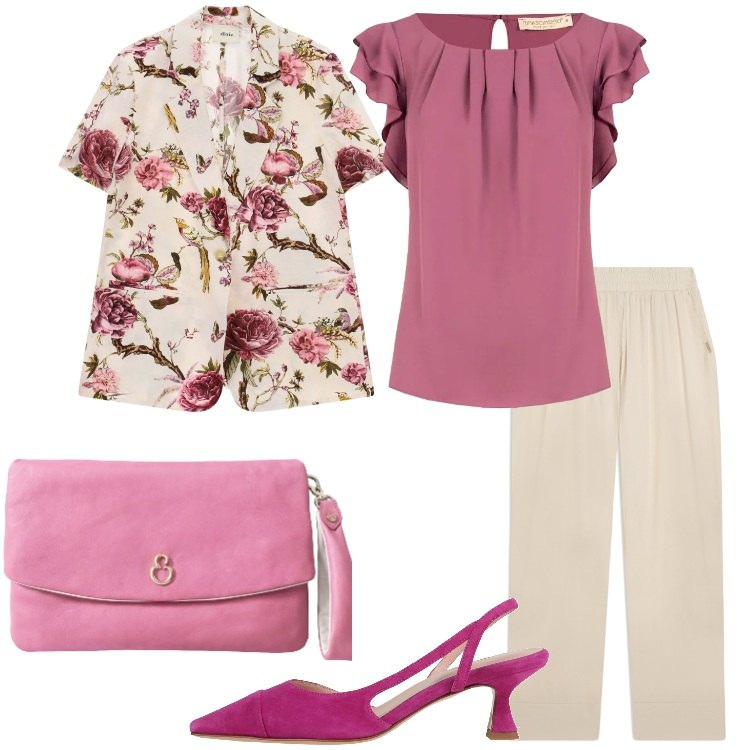 Outfit donna - Romantica in rosa. Stile Romantica per Cerimonia. Abbinamento con décolleté, blazer, top, pantaloni, pochette.