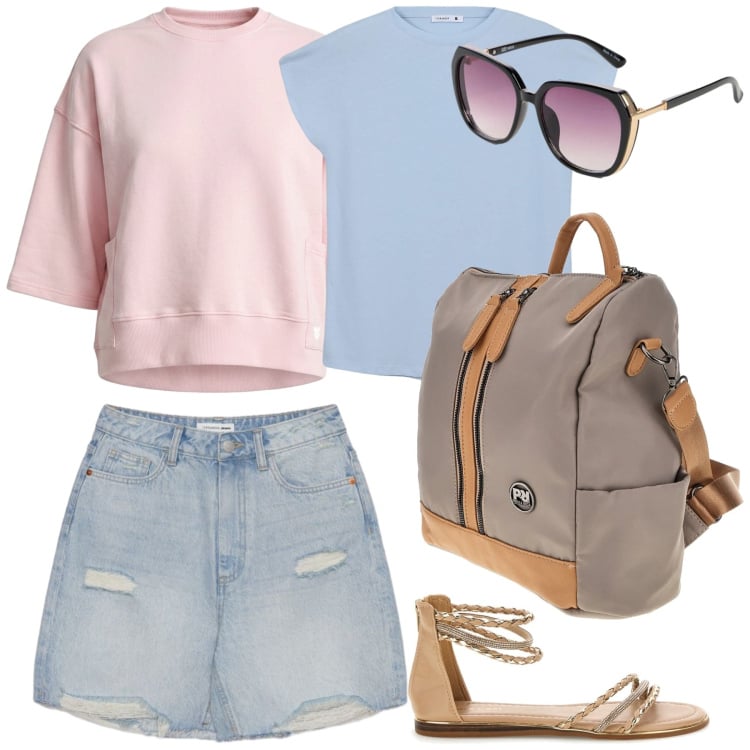 Outfit donna - Total look #2449485. Stile Sporty chic per Tutti i giorni. Abbinamento con occhiali da sole, bermuda, t-shirt, felpe, sandali, zaini.
