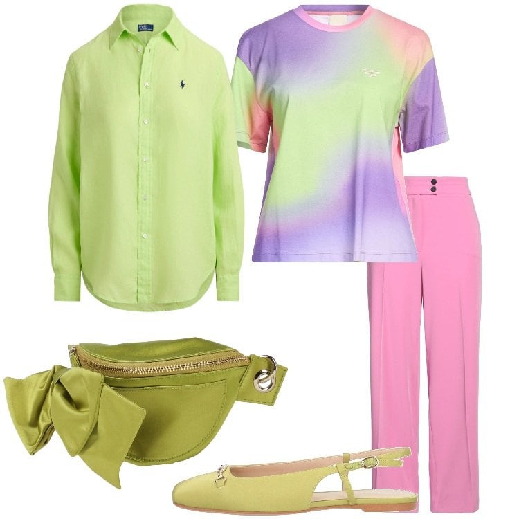Outfit donna - Estate a colori pieni Focus Donna Curvy. Stile Basic per Serata fuori. Abbinamento con marsupi, t-shirt, pantaloni, ballerine, camicie.