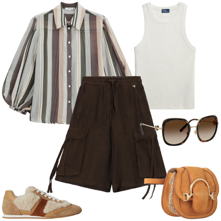 Outfit donna - Total look #2449487. Stile Casual chic per Tutti i giorni. Abbinamento con marsupi, camicie, bermuda, canottiere, occhiali da sole, sneakers.