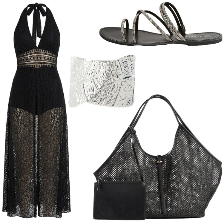 Outfit donna - Ferragosto in spiaggia. Stile Boho per Mare. Abbinamento con shopping bag, tuta corta, sandali, braccialetti.