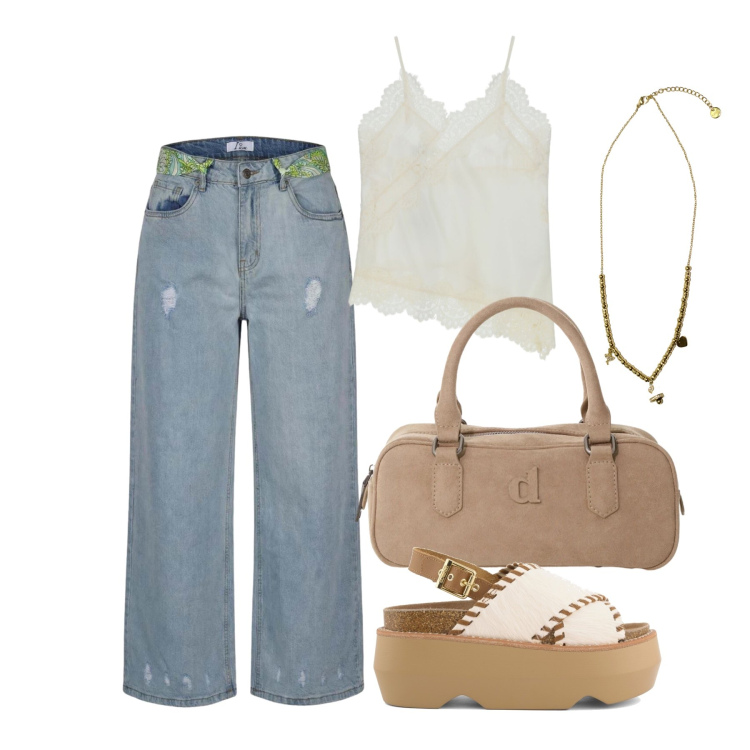 Outfit donna - Agosto. Stile Trendy per Tutti i giorni. Abbinamento con jeans strappati, borse a mano, top, ciondoli, zeppe.