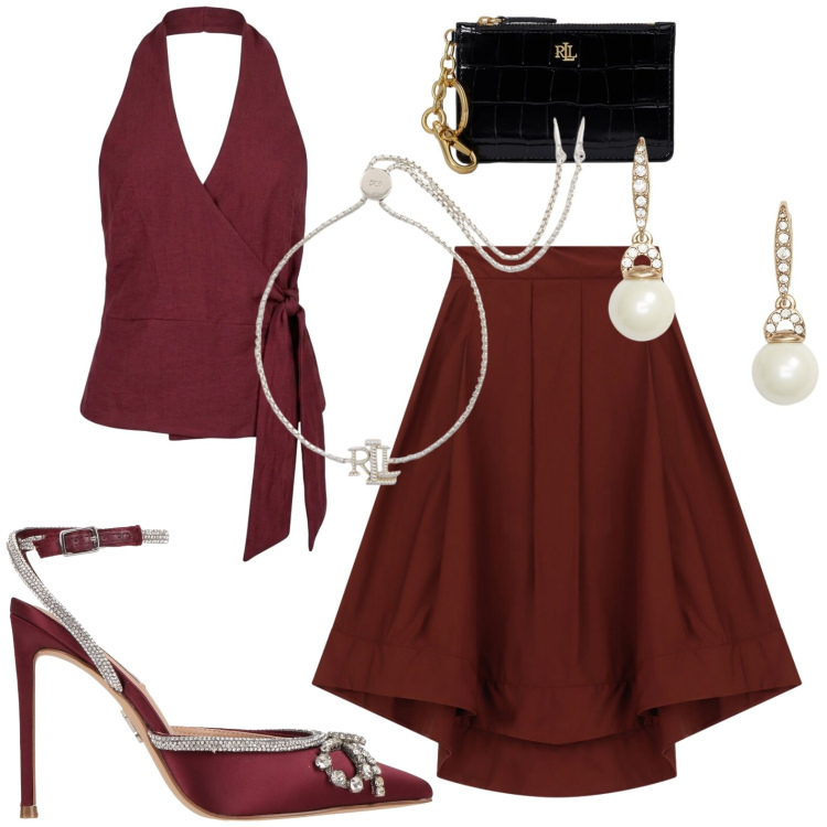 Outfit donna - Serata. Stile Chic per Serata fuori. Abbinamento con décolleté, gonne lunghe, top, braccialetti, orecchini, portafogli.