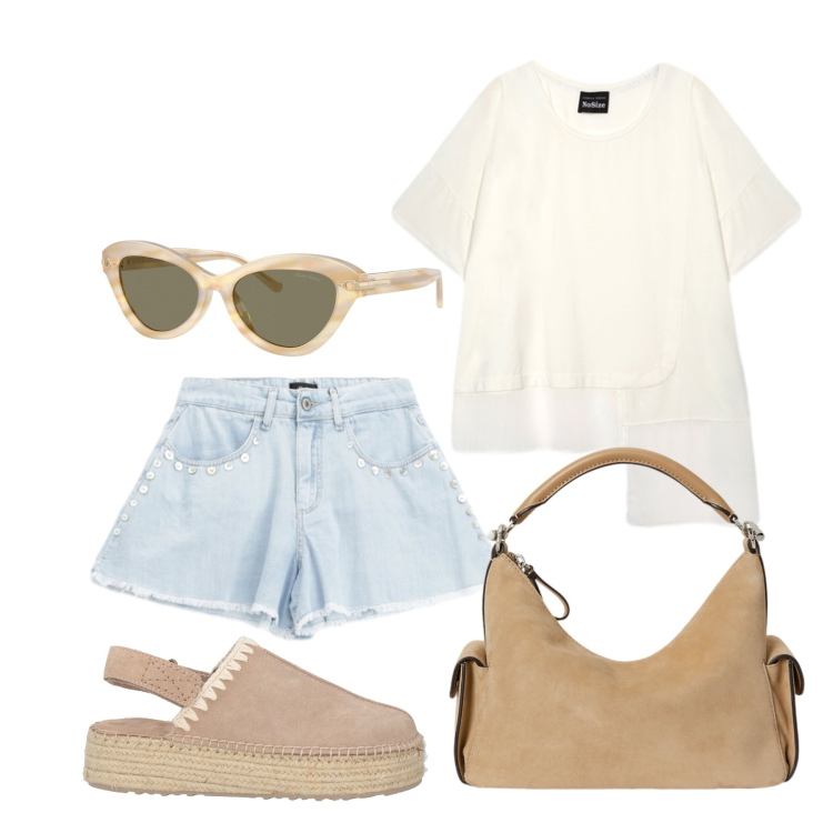 Outfit donna - Agosto. Stile Basic per Tutti i giorni. Abbinamento con espadrillas, shorts, t-shirt, occhiali da sole, borse a spalla.