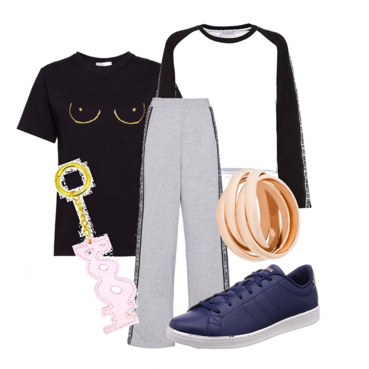 Outfit donna - Trendy glimmed. Stile Trendy per Tutti i giorni. Abbinamento con anello, scarpe tennis blu scuro e bianco, pantalone, t-shirt made italy glitter girocollo in cotone nero e oro, portachiavi rosa, felpa made italy girocollo bianco e nero.