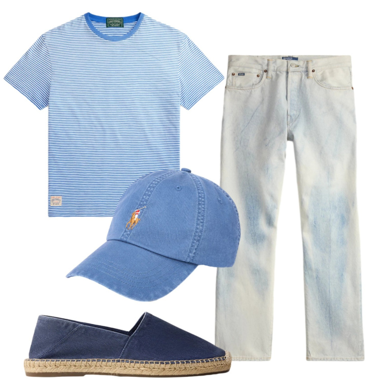 Outfit uomo - Total look #2449501. Stile Casual per Tutti i giorni. Abbinamento con cappelli con visiera, t-shirt, espadrillas, jeans.