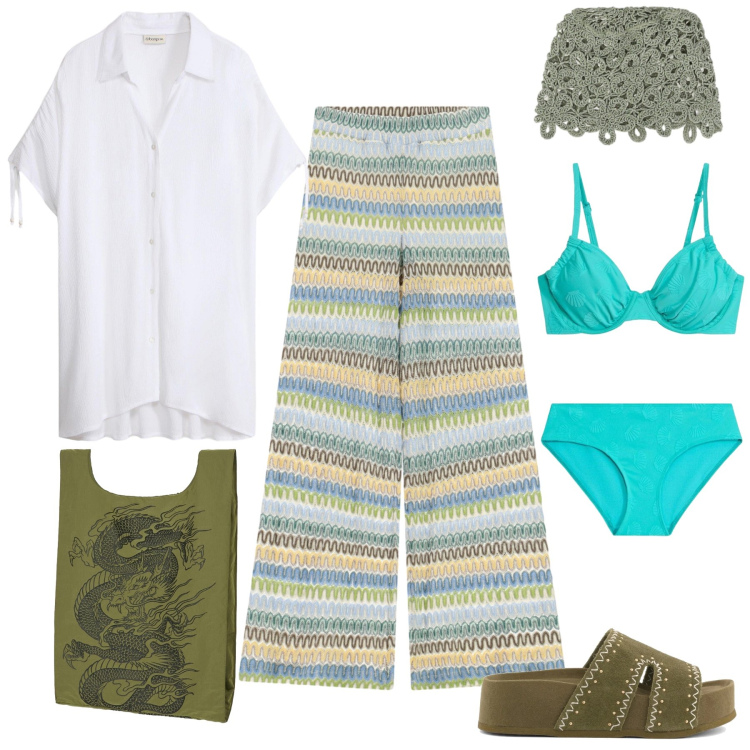 Outfit donna - In partenza per il mare. Stile Casual chic per Mare. Abbinamento con camicie a manica corta, bikini, accessori per capelli, pantaloni a palazzo, shopping bag, ciabatte.