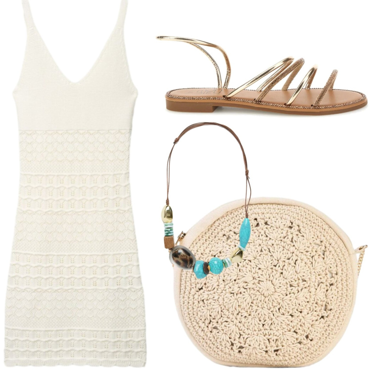 Outfit donna - Urban Boho chic. Stile Boho per Tutti i giorni. Abbinamento con borse a tracolla, vestiti corti, collane, sandali.