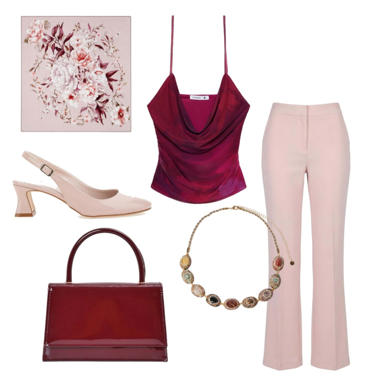 Outfit donna - Raffinata e sensuale in rosa e bordeaux. Stile Glamour per Serata fuori. Abbinamento con top, foulard, pantaloni, borse a mano, collane, décolleté.