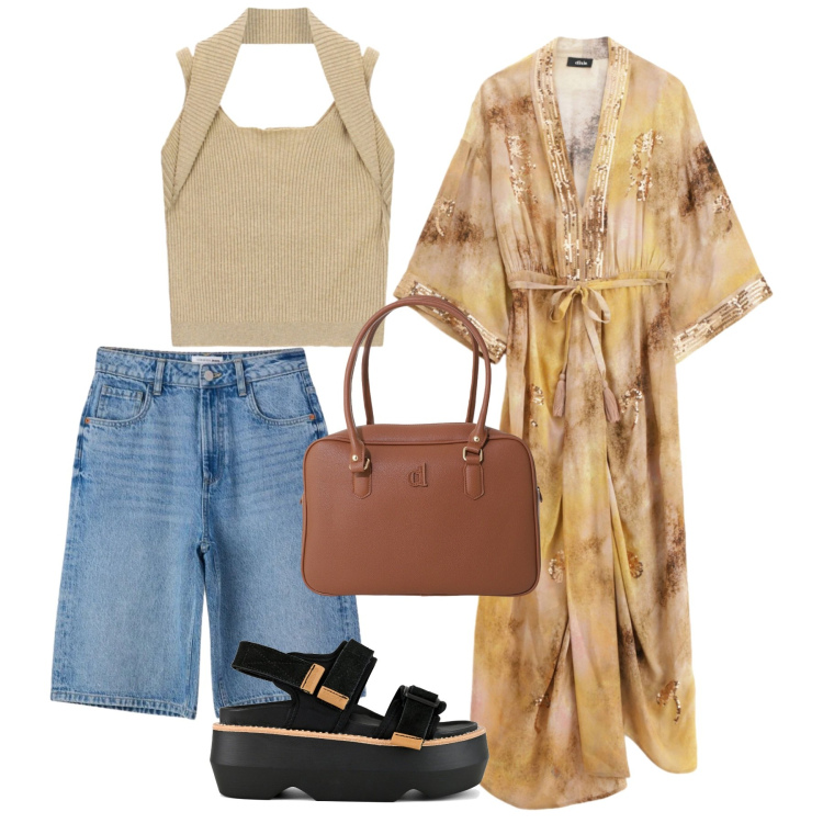 Outfit donna - Kimono. Stile Casual chic per Tutti i giorni. Abbinamento con bermuda, borse a mano, vestiti lunghi, top, sandali col tacco.