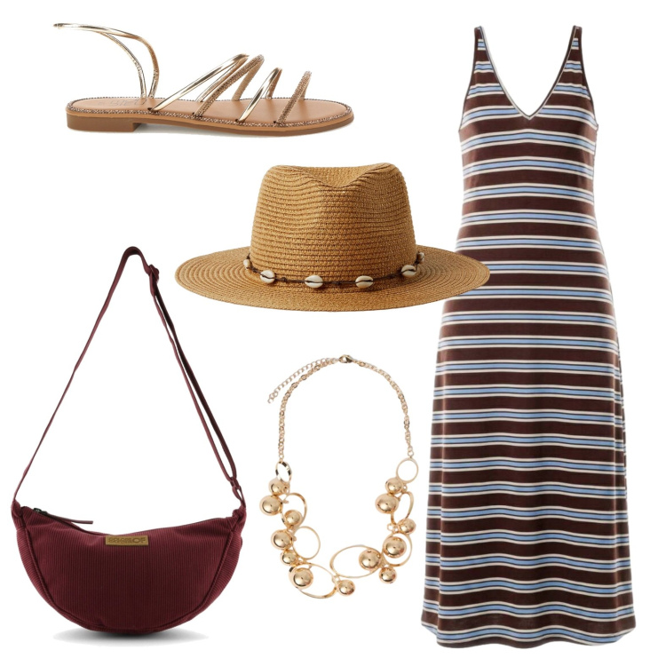 Outfit donna - Una torrida giornata estiva. Stile Casual per Tutti i giorni. Abbinamento con cappelli, vestiti lunghi, collane, borse a tracolla, sandali.