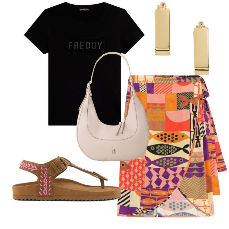 Outfit donna - Fishes. Stile Etnico per Tutti i giorni. Abbinamento con borse a tracolla, gonne longuette, t-shirt, orecchini, infradito.