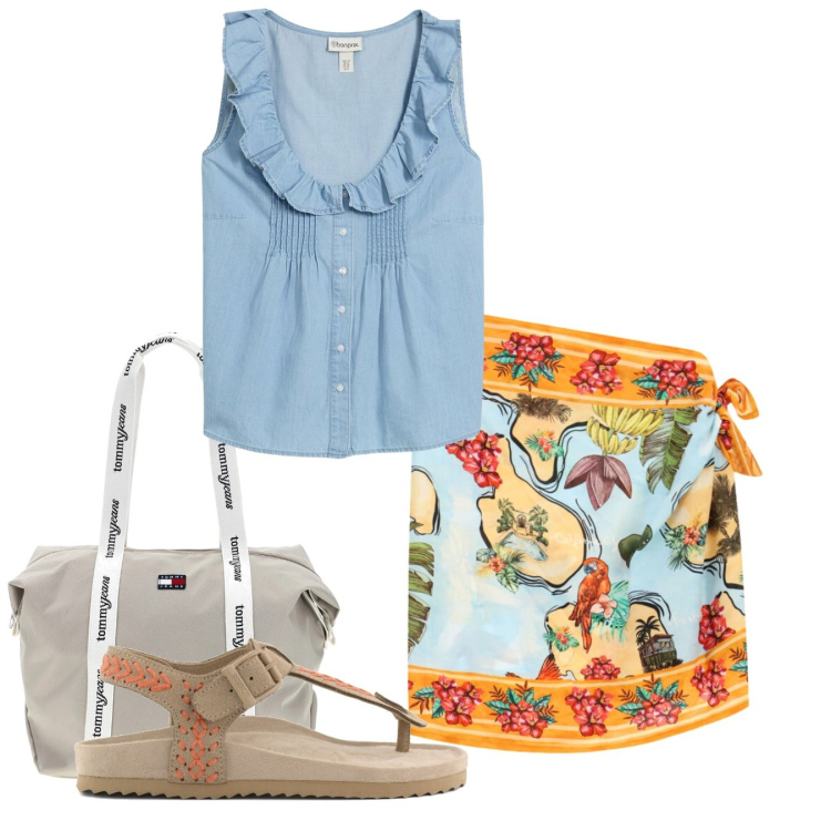 Outfit donna - Al sole. Stile Bon Ton per Tutti i giorni. Abbinamento con top, minigonne, infradito, shopping bag.