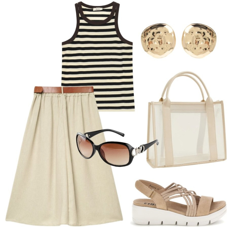 Outfit donna - Urban style. Stile Casual chic per Tutti i giorni. Abbinamento con occhiali da sole, borse tote, gonne lunghe, top, orecchini, sandali.