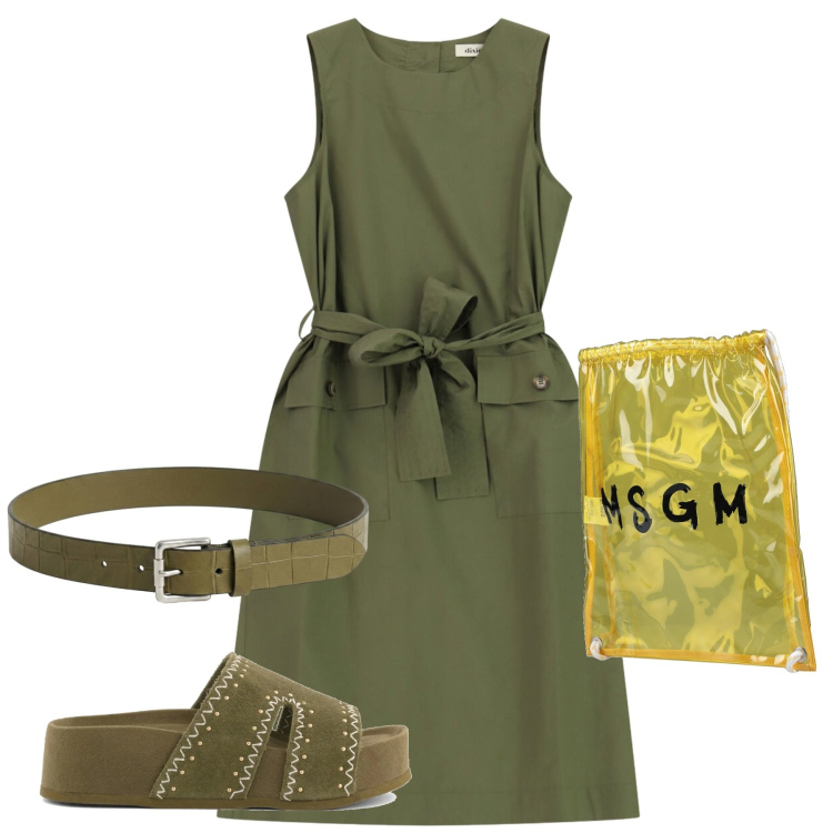 Outfit donna - Città. Stile Bon Ton per Tutti i giorni. Abbinamento con zaini, vestiti midi/longuette, cinture, ciabatte.