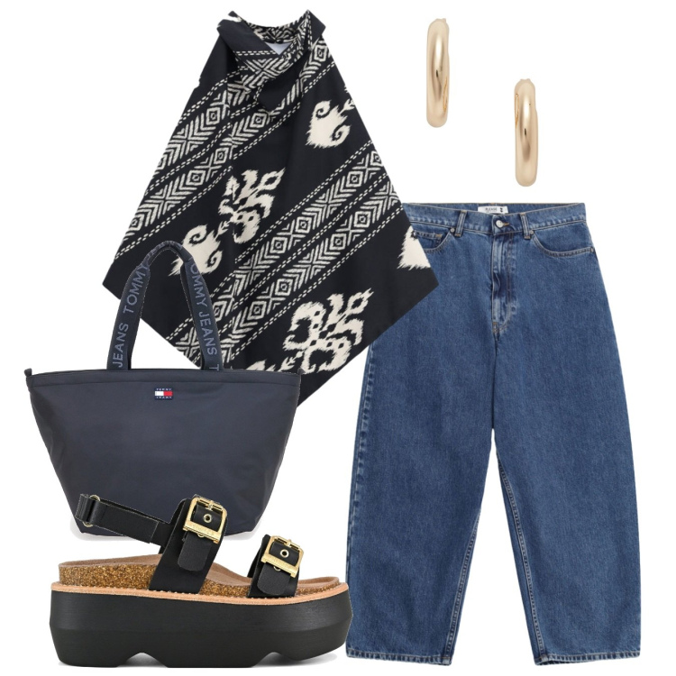 Outfit donna - Gran foulard. Stile Casual chic per Tutti i giorni. Abbinamento con jeans, top, orecchini, sandali col tacco, borse tote.