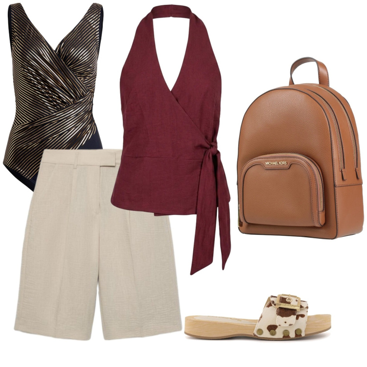 Outfit donna - Ferragosto al mare. per Mare. Abbinamento con zaini, costumi interi, bermuda, top, ciabatte.