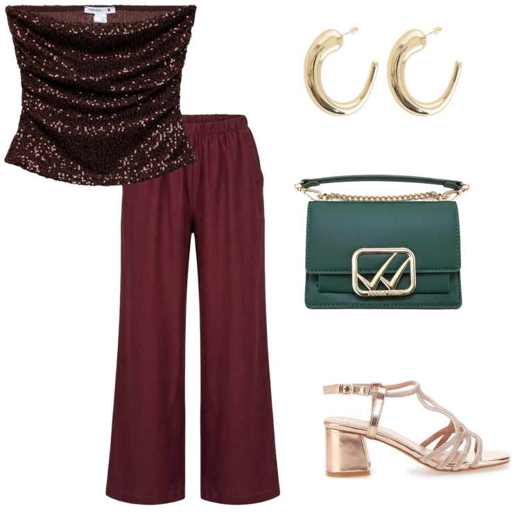 Outfit donna - Aperitivo time. per Mare. Abbinamento con top, orecchini, pantaloni a palazzo, sandali col tacco, borse a tracolla.