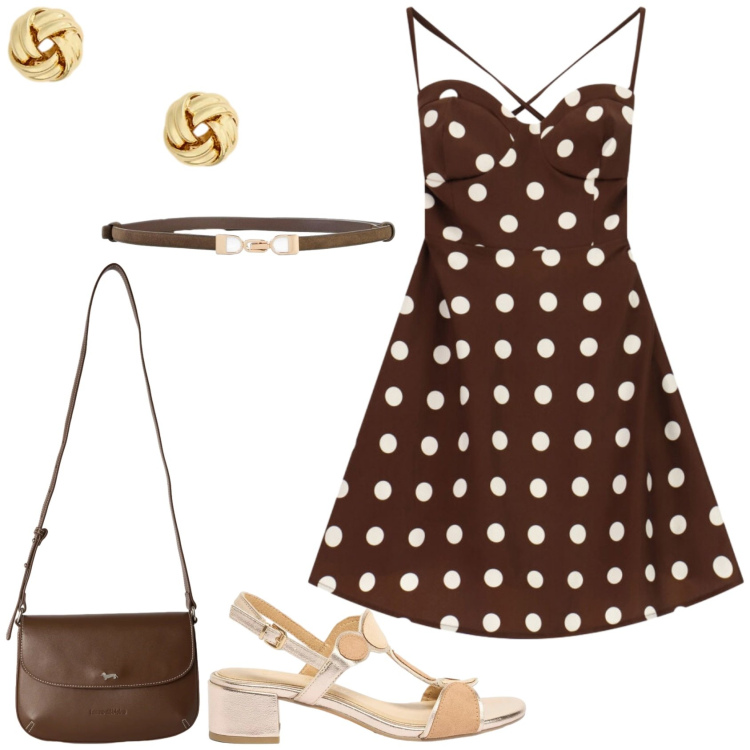 Outfit donna - Pois in summer. Stile Vintage retrò per Serata fuori. Abbinamento con sandali col tacco, cinture, borse a tracolla, vestiti corti, orecchini.